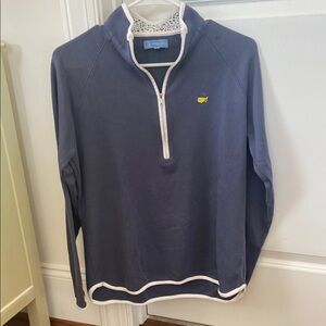 Masters Blue and White V-Neck Sweater with Stand-Up Collar